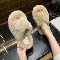 Japanese fur slippers women wear summer 2021 autumn and winter cute lazy rabbit plush cross cotton drag tide