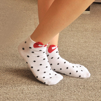 韩版糖果色女袜 可爱蝴蝶结点点袜子 短袜船袜棉袜(白色)