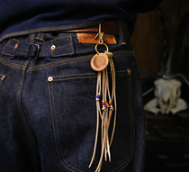 American retro Ami khaki brass motorcycle key key chain Italian vegetable tanned leather tassel cowhide pendant