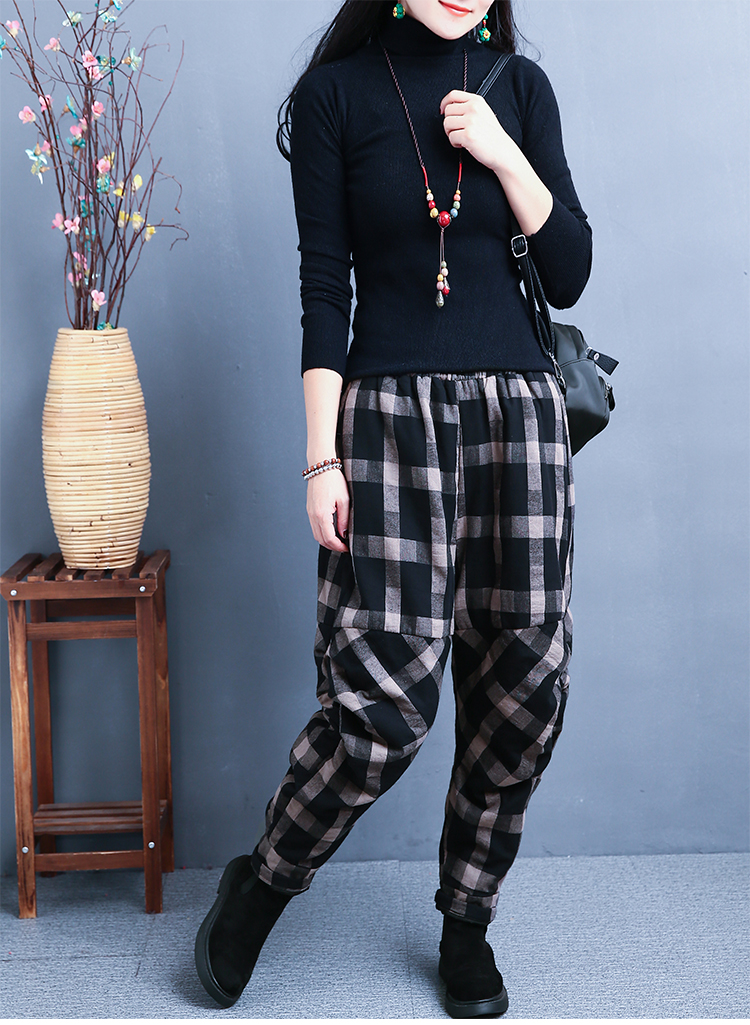 冬季棉麻宽松加厚加棉垮裤外穿打皱格子棉裤复古哈伦裤夹棉长裤女