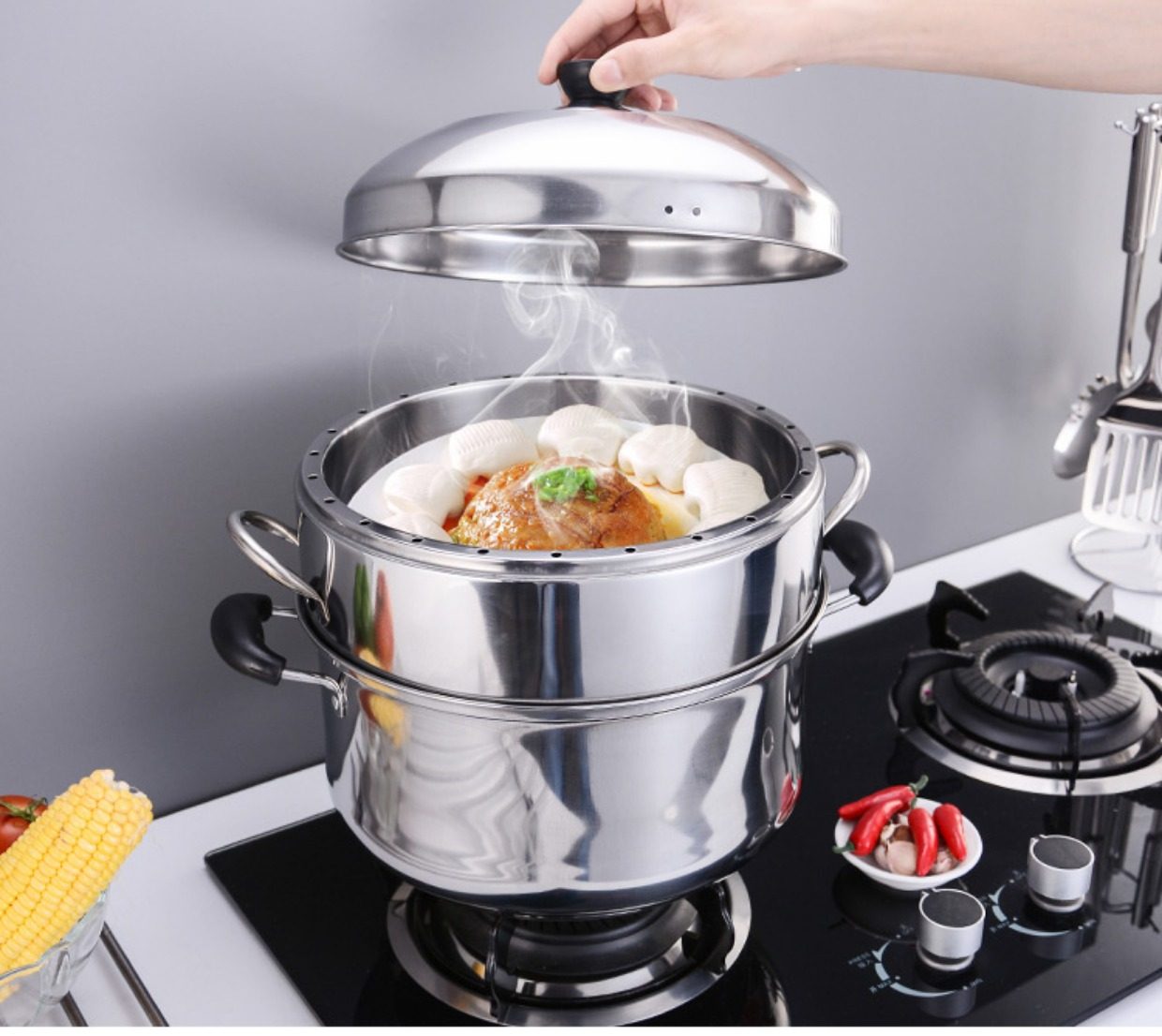 蒸锅不锈钢原味无孔不串味蒸饭锅不串味蒸笼蒸屉加厚节能蒸锅家用_双