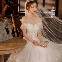 Word shoulder main wedding dress 2021 new temperament bride cover tail white luxury simple fairy pregnant woman small man