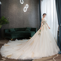 Word shoulder wedding dress 2021 new female bride luxury luxury super fairy dream long drag French cover thick arm pregnant woman