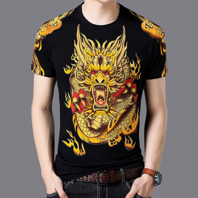 Summer men's printed short-sleeved T-shirt Chinese style floral T-shirt half-sleeved with dragon pattern top half-length clothes tide t Summer men's printed short-sleeved T-shirt Chinese style floral T-shirt half-sleeved with dragon pattern top half-length clothes tide t
