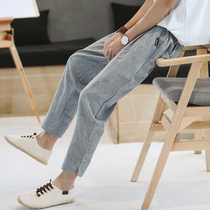 Tide brand ankle-length pants men summer thin linen pants large size loose Korean version cotton linen drawstring small feet casual pants