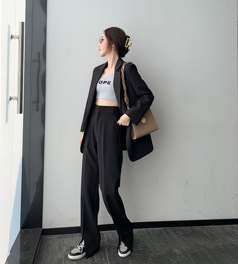 suntek前面开叉拖地休闲裤女秋冬新款高腰宽松垂感韩版直筒西装长裤子