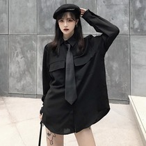 Korean version of INS Harajuku bf wind retro dark loose male and female students Joker tie shirt women long sleeve shirt