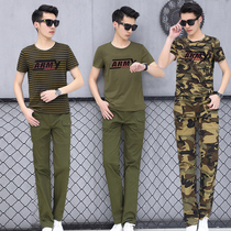 Summer new Korean casual camouflage suit suit two-piece Mens cotton army green overalls training suit slim body