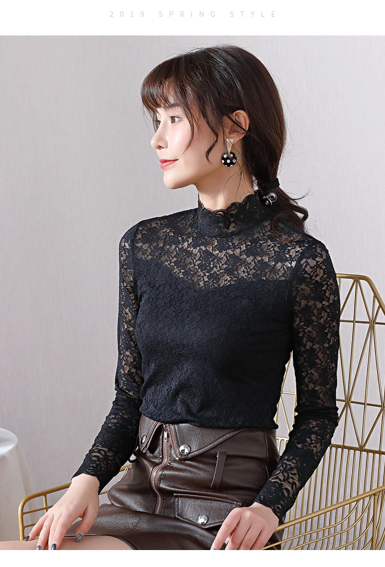 蕾丝打底衫立领大码女装上衣春夏半高领修身显瘦百搭镂空小衫长袖
