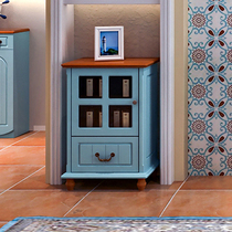 Mediterranean wine cabinet Oak veneer solid wood piano paint simple modern with glass locker Blue tea cabinet