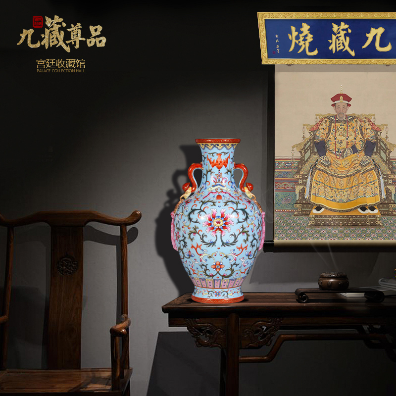 Jingdezhen porcelain collection hand - made the qing qianlong blue tie up branch grain powder enamel vase Chinese style household decorates porch furnishing articles