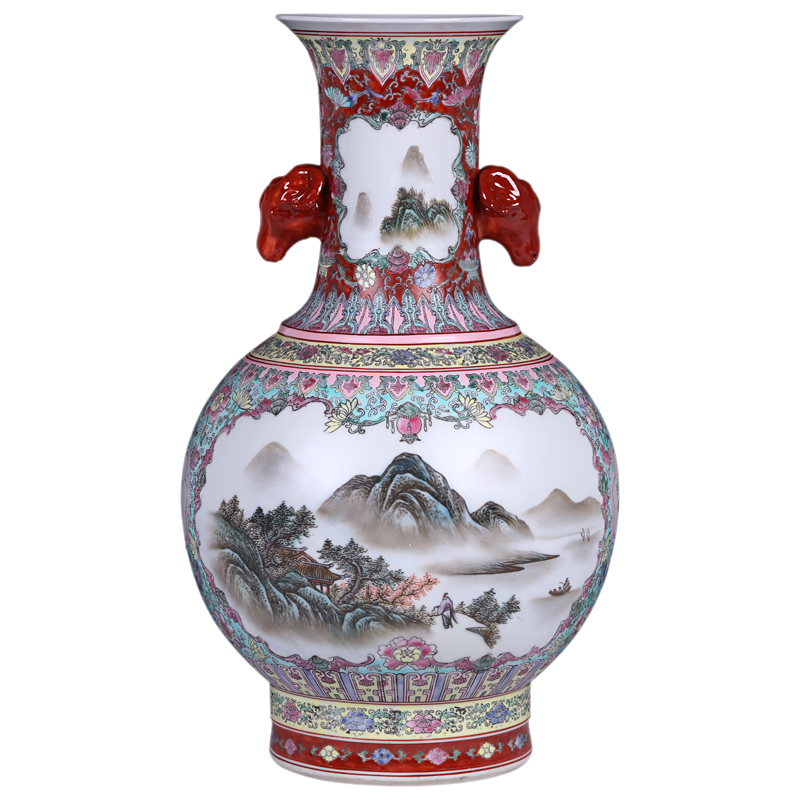 Jingdezhen ceramic antique hand - made colored enamel window landscape TuShang bottles of sitting room home furnishing articles