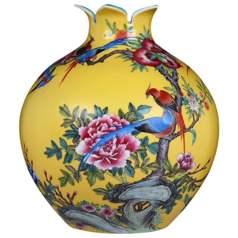 Jingdezhen ceramic vase furnishing articles hand - made archaize pastel colored enamel pick flowers yellow peony flowers and birds pomegranate bottles