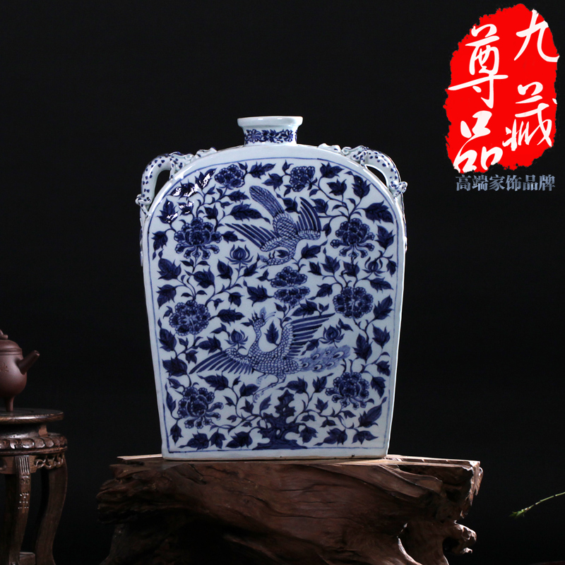 Jingdezhen ceramics imitation of yuan blue and white benevolent grain Fang Bian bottle vase household flower adornment handicraft furnishing articles