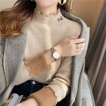 Plus velvet sweater womens winter thickened 2021 new explosive semi-high collar base shirt with autumn and winter wooden ear top
