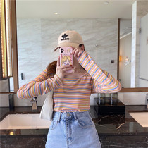 Rainbow Stripe Long Sleeve T-shirt Women 2021 New Autumn Slim Korean Clavicle Square Clavicle French Top Spring and Autumn
