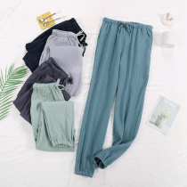 Pajamas Womens summer 100% cotton crepe pants Mens large size loose double gauze home pants cotton couple