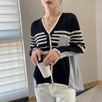 Net red with the same design sense cardigan jacket womens summer and autumn knitwear stitching striped shirt loose slim coat tide