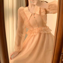 Small Sub Lotus Leaf Side Retro Dress Spring Dress Spring Dress 2022 New Woman Cashew Slim Long Sleeve Mesh Yarn Skirt Tide