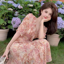 Fan-style V-collar foam sleeveless dress woman 2021 new summer first love sweet and temperament gently windy and windy dresses