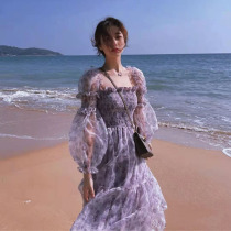 Fan-style mesh yarn Broken Flowers dress Dress Lady 2021 New Summer Gentle Wind Holiday Fashion Collection Waist Display Slim Long Dress