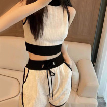 Net Red Fried Street Suit Woman Spring 2022 New Black & White Knit High Waist Shorts Vest Drawing Rope Shorts Two Sets