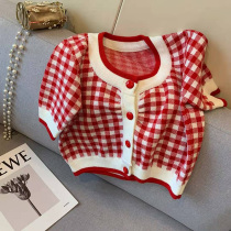 Fa-style retro plaid knitwear womens summer 2022 new temperament sweet and short sleeves 100 hitch-shirt short blouses