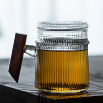 Vertical grain wood handle teacup Personal high-grade glass filter cup Office tea water separation with lid drinking cup