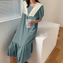 Love the Rosvega navy collar cover 100 pleats for the dress lady 2022 Summer mid-face fat person dating little dress