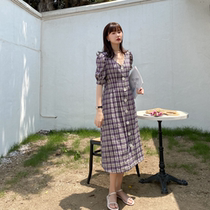 Love Rosaceae big code French style purple one-piece dress foam sleeves V collar first love dress Summer women dress 2022 new plaid dress