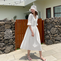 Love rosewood Lotus Leaf Cuff Girl dress V Collar Temperament 2022 Summer Zhi Smoked Dress Code High Waist A Character Balloon Skirt