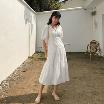 Love Rosaceae Heavy Industry Great code Embroidery Fat mm Slender First Love Long Dress Slightly Fatter style V collar white dress Skirt Woman