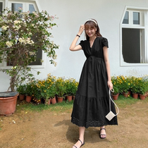 Love Rosary Lace Splicing one-piece dress hollowed-out V neckline black dress 2022 New summer Sexy covered legs Long dress