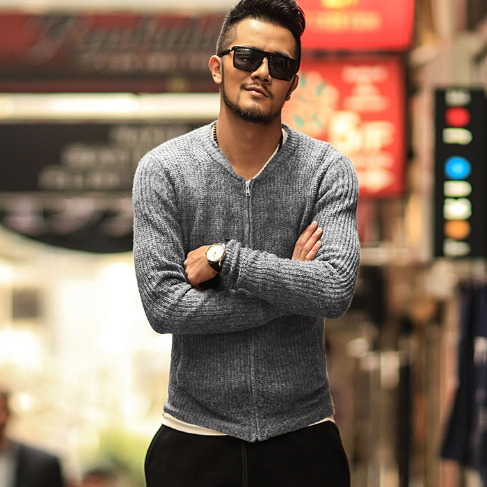 秋装新款 花灰色 男款修身开衫毛衣 拉链开胸毛衫开襟针织衫j550_不