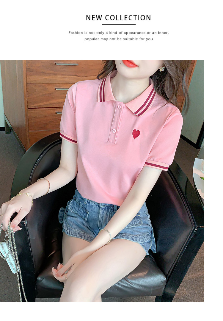 polo衫女士翻领粉色上衣2022新款夏季半袖运动宽松短袖t恤 - 17网