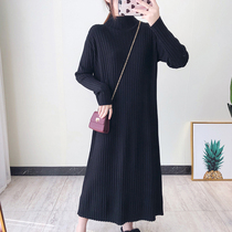 Pregnant women sweater long over knee solid color autumn winter 2021 wear knitted base shirt dress turtleneck sweater