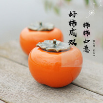 Creative small tea jar mini portable portable Persimmon ceramic tea jar sealed can tea pet tea set