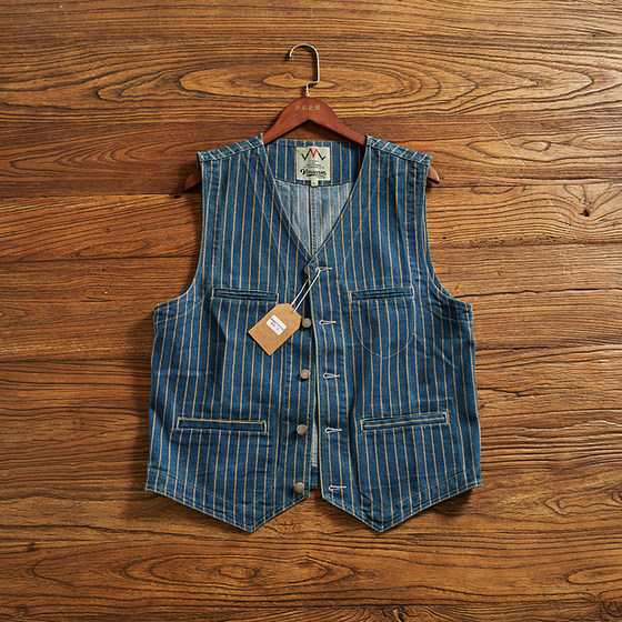 Adima Kajian denim vest men's tide retro old striped horse clip multi -pocket V -neck stack worker vest men Adima Kajian denim vest men's tide retro old striped horse clip multi -pocket V -neck stack worker vest men
