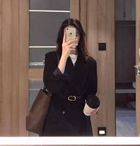 Black Fried Street Suit Jacket Lady Spring New 2022 Waist Lacing Korean version Advanced sensation Double-row buttresses Long Western suit