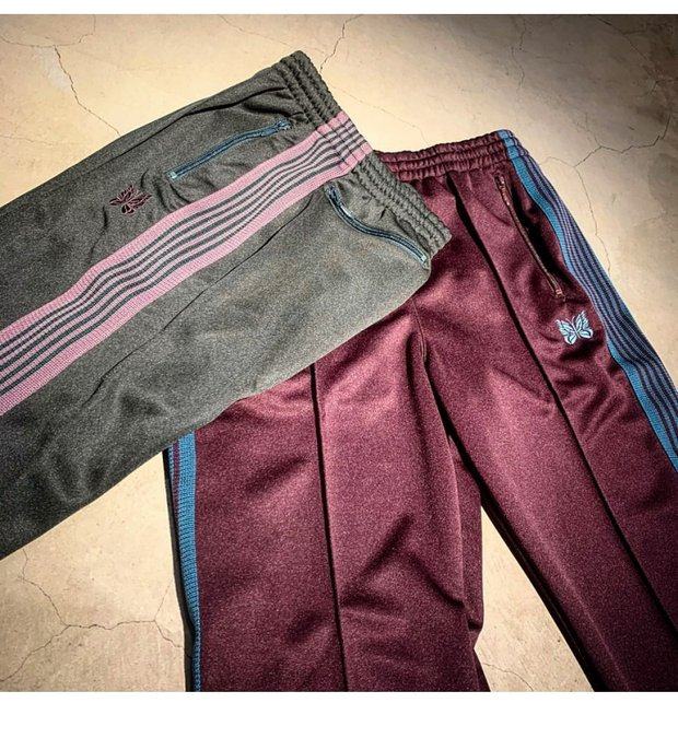 老夫子needles酒红色蝴蝶裤刺绣织带复古运动宽松长裤男女街头