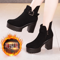 High heeled thick-soled Martin boots female 2021 autumn winter plus velvet frosted waterproof table size 40-43 Joker lace up boots