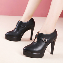 Deep mouth single shoes high heel thin heel pointed head autumn waterproof table leather cheongsam model catwalk super high performance shoes women