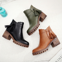 2021 autumn and winter with leather tassel boots autumn and winter Joker Korean version of waterproof Taiwan student Martin boots rough heel womens boots