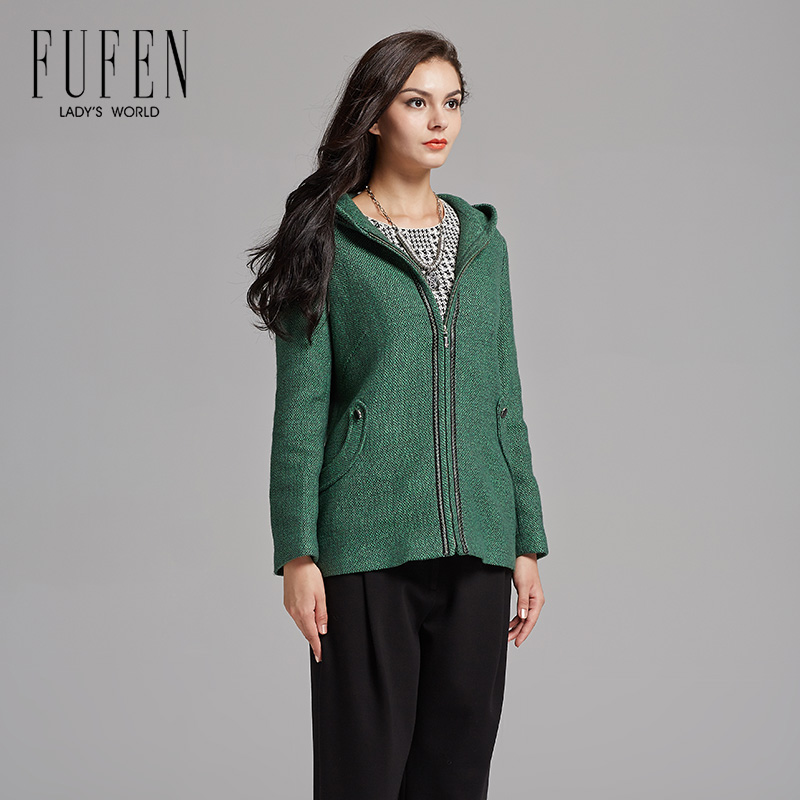 【fufen女装旗舰店】fufen福芬女装2016春夏修身连帽中长款女士羊毛