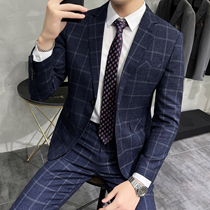 Autumn Plaid mens suit suit business dress Korean version of self-cultivation English style bridegroom wedding dress three-piece set