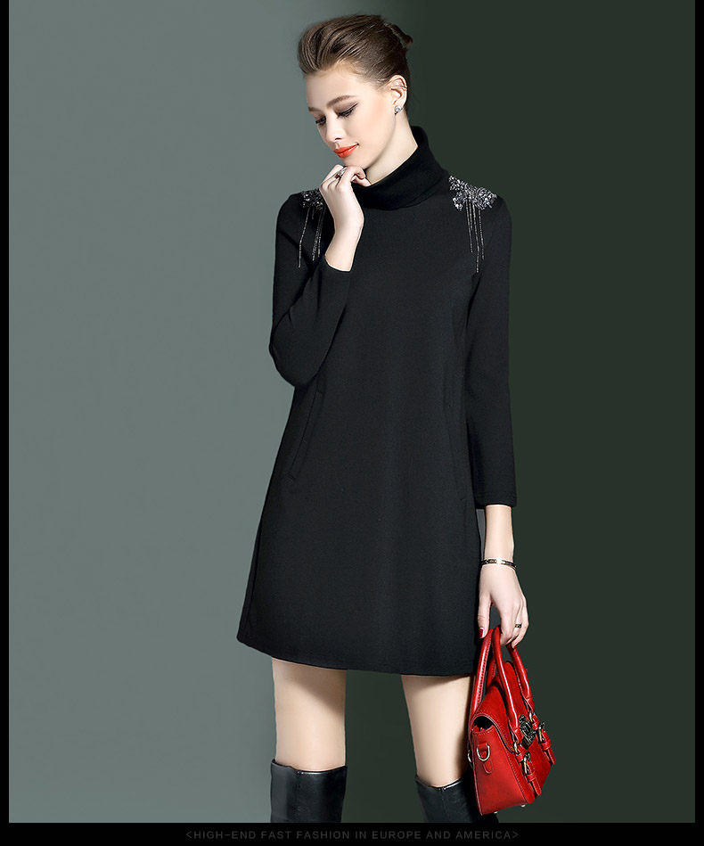 海青蓝2016秋冬新款纯色拼接高领九分袖修身气质a字连衣裙女7540