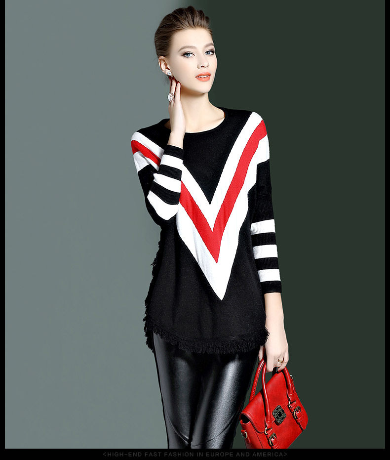 海青蓝2017秋冬新款蝙蝠袖织衫宽松上衣时尚流苏撞色休闲t恤7614