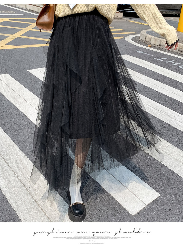 仙女裙波浪边大摆长裙a字双层网纱飘逸垂感显瘦百褶半身裙纱裙子