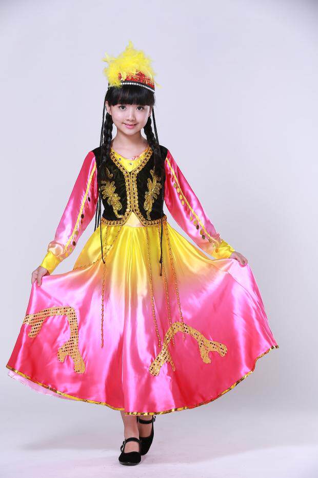 女童新款儿童维吾尔族舞蹈服装少儿新疆表演服幼童民族演出服头纱