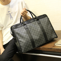 Men Brief Genuine Leather Handbag Travel Bag Large Capacity Plaid Luggage Bag Single Shoulder Diagonal Satchel Business Bag